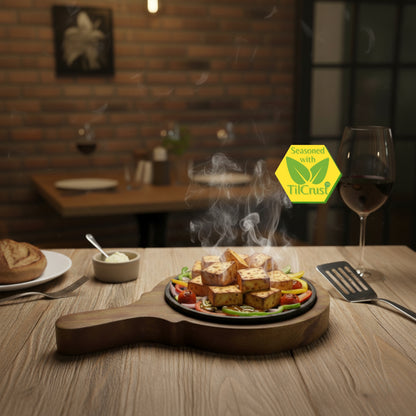 Trilonium Pre-Seasoned Cast Iron Sizzler Plate With Wooden Base | 6 inches | 1.16 Kgs