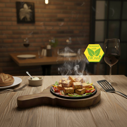 Trilonium Pre-Seasoned Cast Iron Sizzler Plate With Wooden Base | 6 inches | 1.16 Kgs