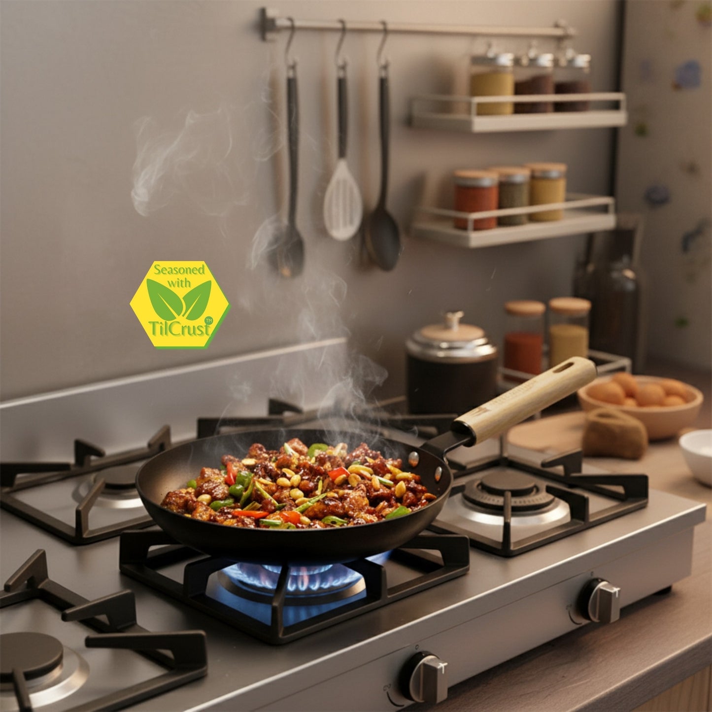 Trilonium Pre-Seasoned Carbon Steel Skillet Fry Pan 22 cms, Weighs 0.85 Kgs