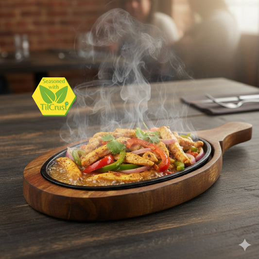 Trilonium Pre-Seasoned Cast Iron Sizzler Plate With Wooden Base | Oval | 1.23 Kgs