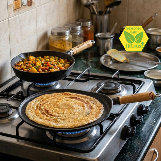 Trilonium cast iron skillet 26 cm and dosa tawa 28 cm combo set with wooden handles