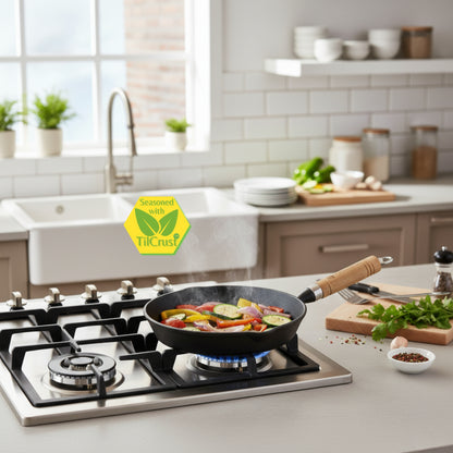 Trilonium Cast Iron Wooden handle Skillet 20 cms | Pre-Seasoned with TilCrust™ | Weighs 1.2 Kgs | Induction Compatible