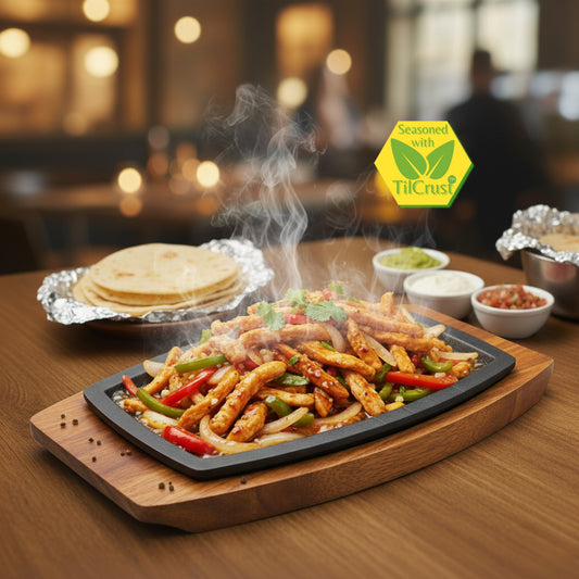 Trilonium Pre-Seasoned Cast Iron Continental Sizzler Platter Plate | Pre-Seasoned | 29cms X 17cms | Rectangular | With Wooden base