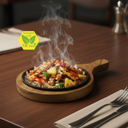 Trilonium Pre-Seasoned Cast Iron Sizzler Plate With Wooden Base | 7 inches | 1.17 Kgs