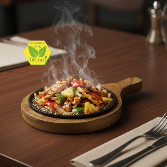 Trilonium Pre-Seasoned Cast Iron Sizzler Plate With Wooden Base | 7 inches | 1.17 Kgs