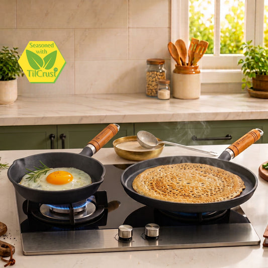 Trilonium cast iron dosa tawa 26.5 cm and mini skillet 16 cm combo set