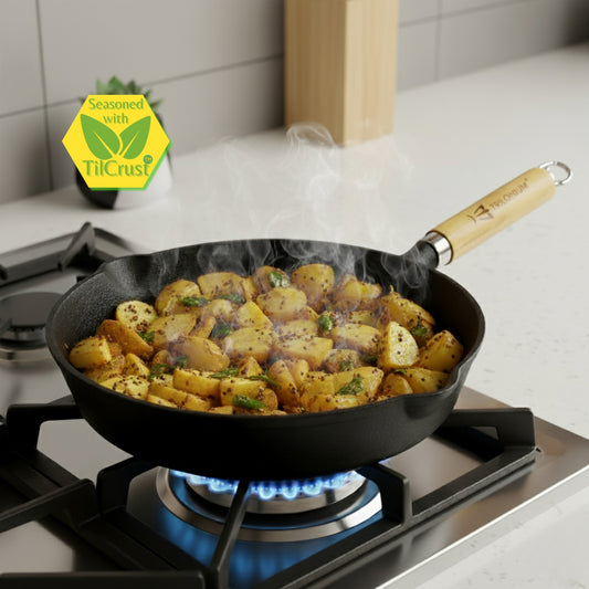 Trilonium Cast Iron Wooden handle Skillet 26 cms | Pre-Seasoned with TilCrust™ | Weighs 2.4 Kgs | Induction Compatible