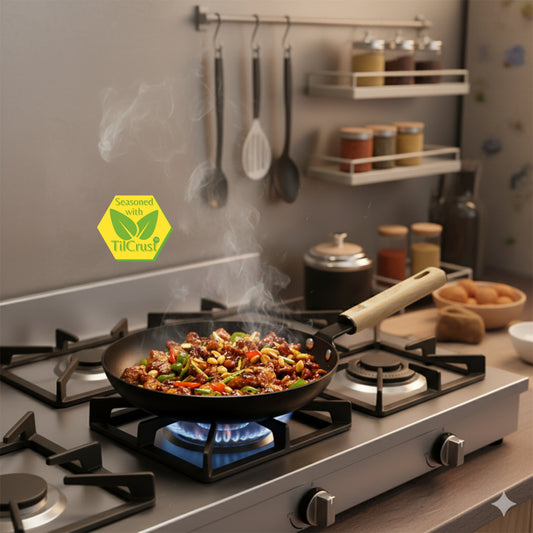 Trilonium Pre-Seasoned Carbon Steel Skillet Fry Pan 22 cms, Weighs 0.85 Kgs