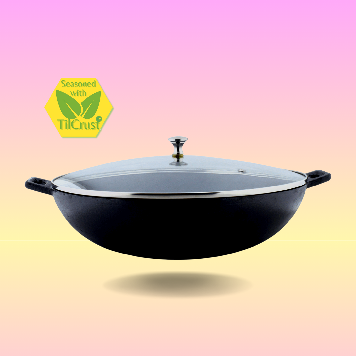 Trilonium Pre-Seasoned Cast Iron Kadai with lid, Sleek 3.5 Ltrs,  Diameter 30cms, 3 kgs