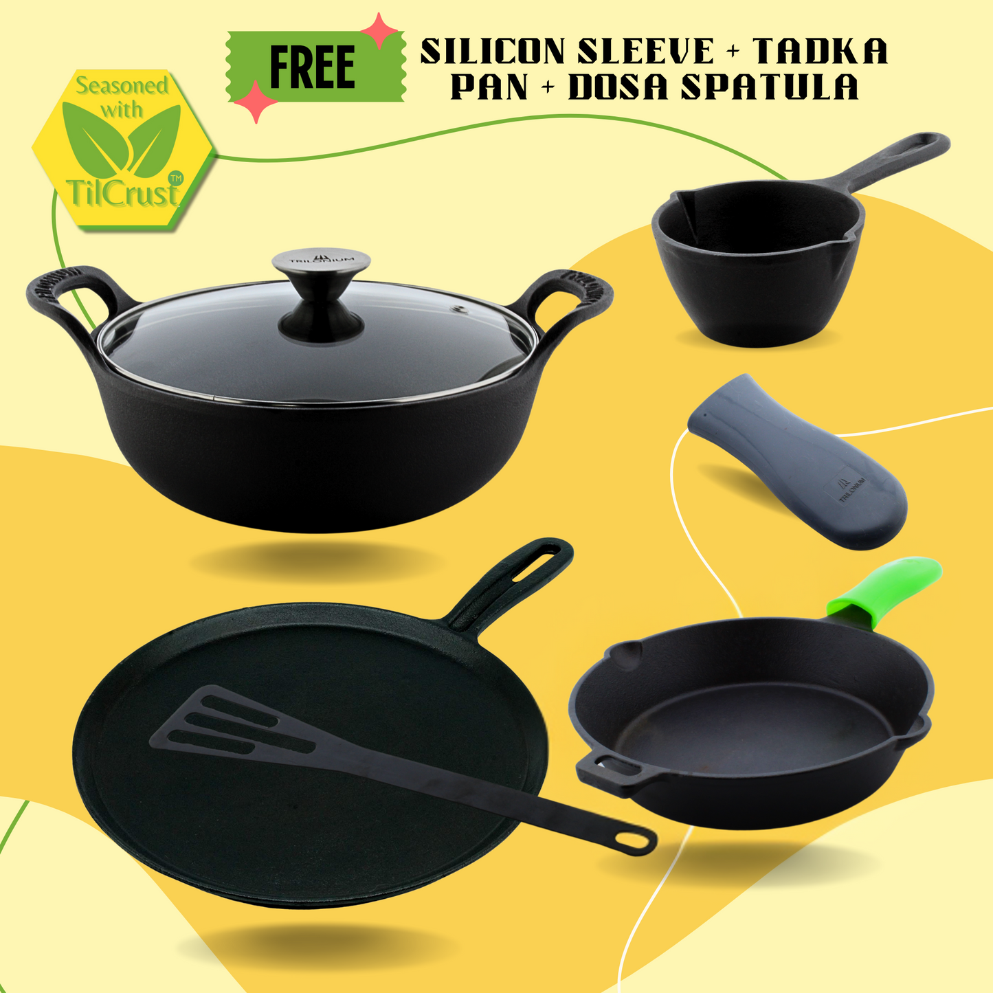 Trilonium Crcokwok 24cm with Lid+ Unicorn Tawa 29cm + Sleek 26cm Skillet + Free Tadka Pan, Silicone Sleeve & Dosa Spatula Combo Set