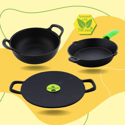 Trilonium Cast Iron Concave Tawa 28cms + Sleek Skillet 10 inches + Crockwok Kadhai 26cms Combo Set