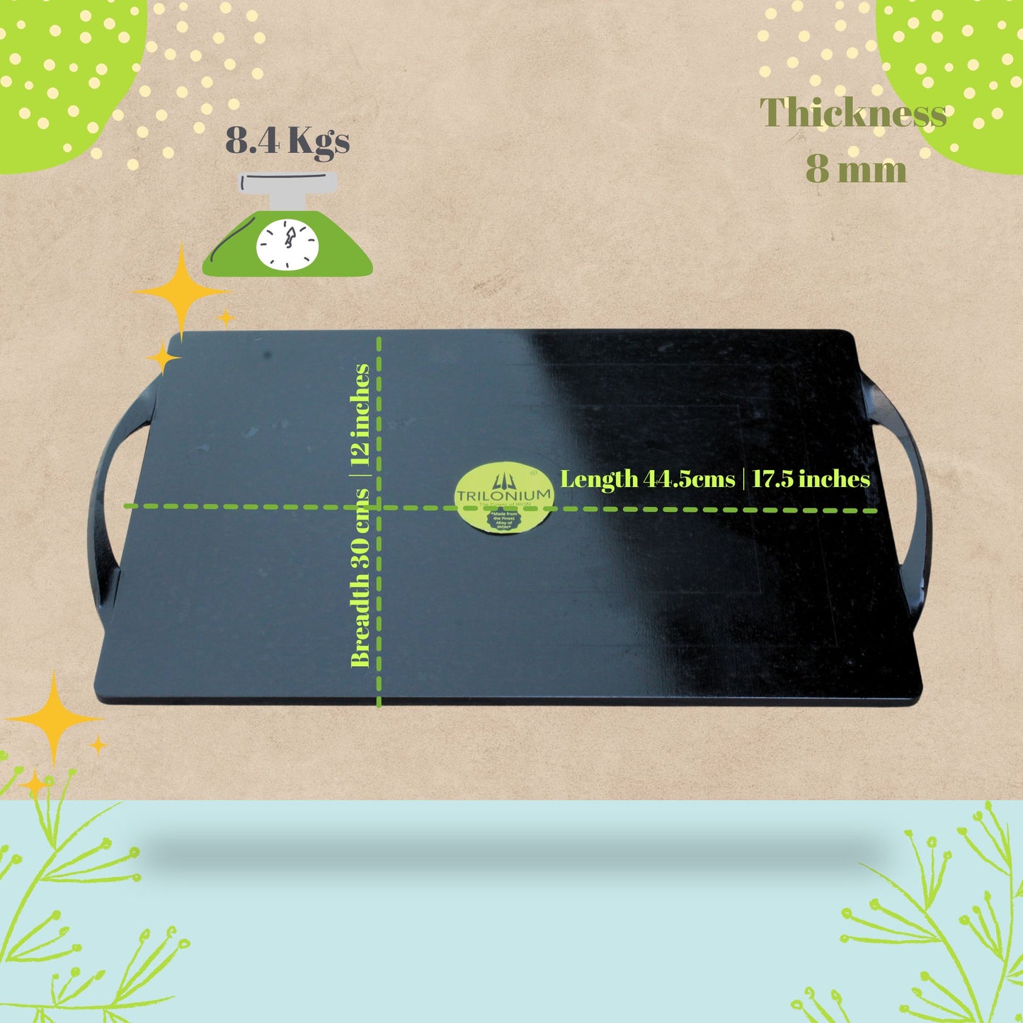 Trilonium Triple-Seasoned Iron Rectangular boulder griddle Tawa pan 17.5 x 12 inches | 44.5 x 30 cms, Weighs 8.4 Kgs