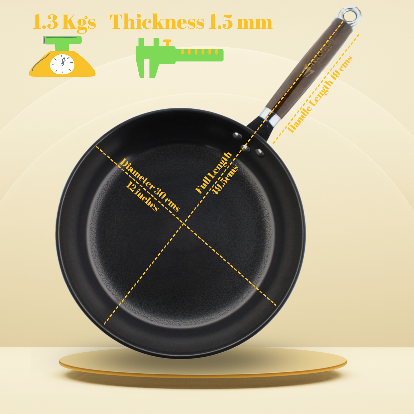 Trilonium Pre-Seasoned Carbon Steel Skillet Fry Pan 30 cms, Weighs 1.3 Kgs