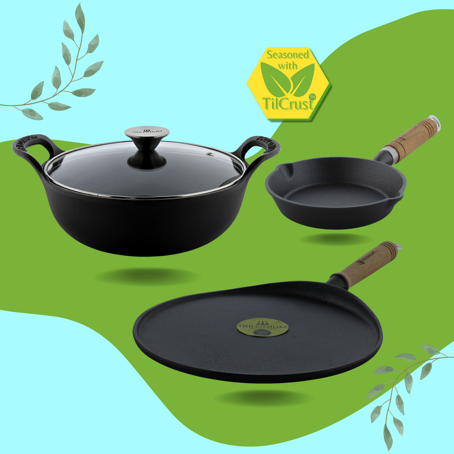 Trilonium Crockowk kadhai 24cm with Lid + WHT11 Tawa + WHS6 Skillet Combo