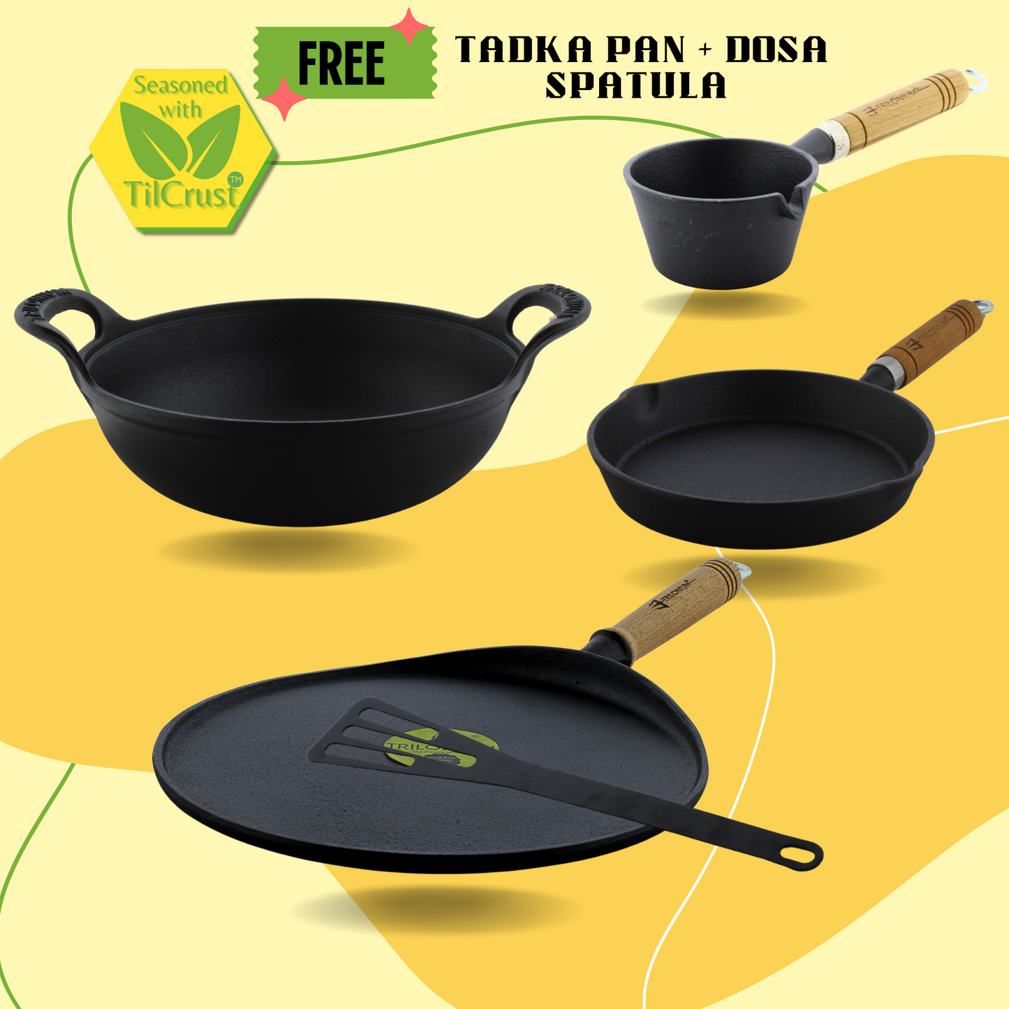 Trilonium Crockowk Kadhai 24cm + WHT11 Tawa + Wooden Handle Skillet 20cms + Free Tadka Pan 11cms & Dosa Spatula Combo Set