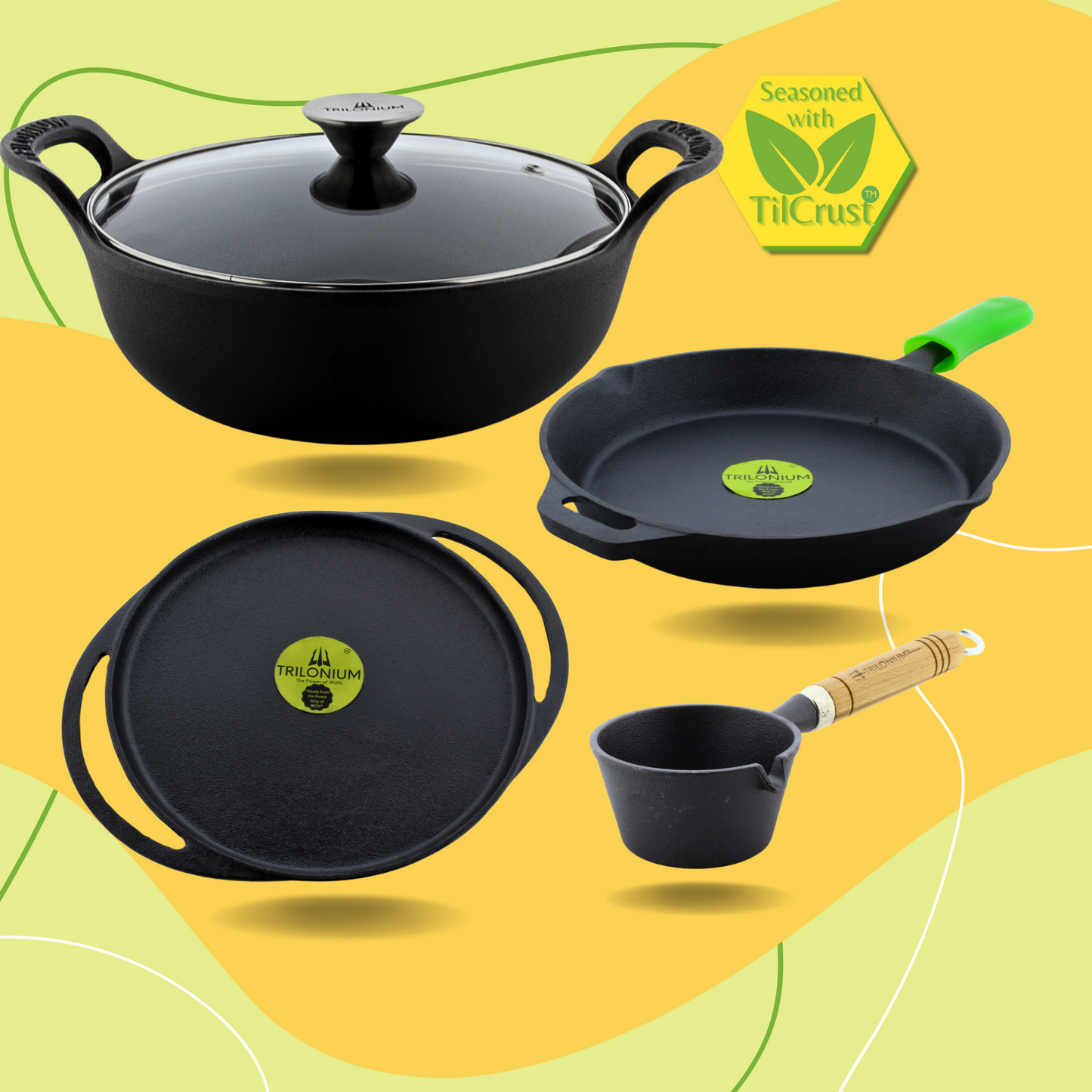 Trilonium Crockwok 24cm with lid + Infinity tawa 28cm + tadka pan 11cm + Sleek Skillet 30cm