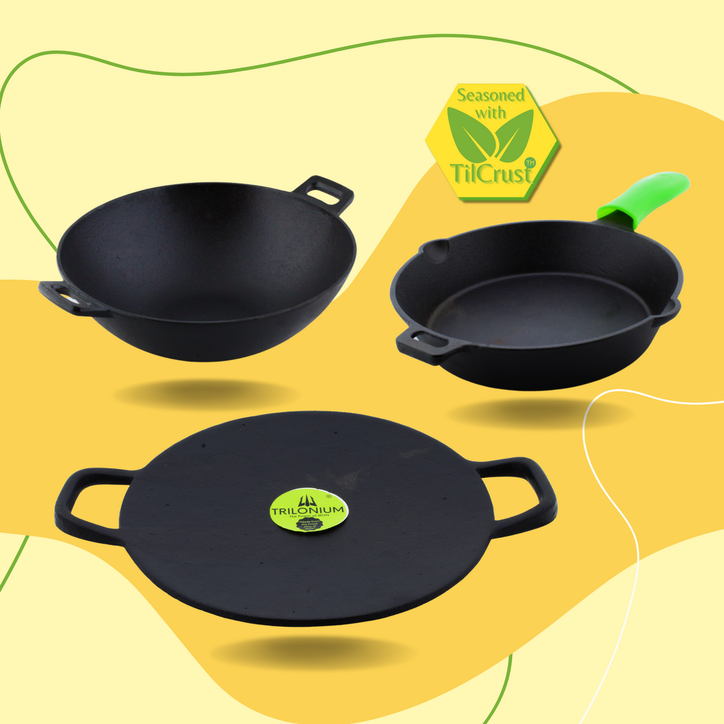 Trilonium Cast Iron Concave Tawa 28cms + Sleek Skillet 10 inches + Sleek Kadhai 26cms Combo Set