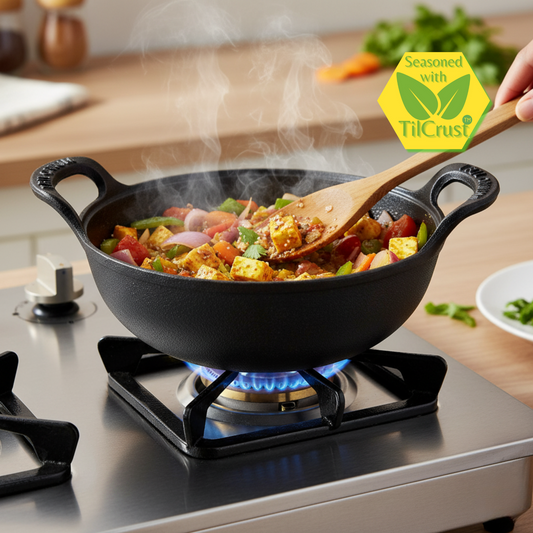 Trilonium Triple Seasoned Cast Iron CrockWok Kadhai 24 cms, 2.2 kgs