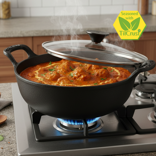 Trilonium Triple Seasoned Cast Iron CrockWok Kadhai 30 cms, 3.7 kgs With Lid