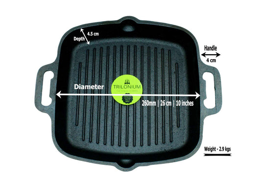 Cast Iron Grill Pan | Fully Seasoned | 26cm | 2.9 KG | Dual Loop Handle | EasyGrill | Induction Compatible TRILONIUM | Cast Iron Cookware