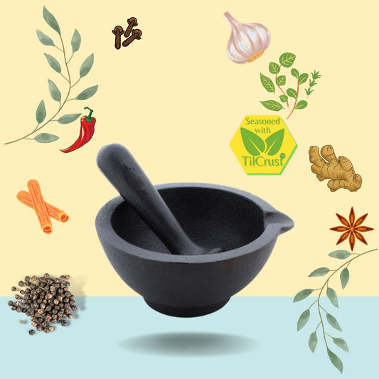 Trilonium Pre-Seasoned Cast Iron Khalbatta - Mortar and Pestle - Herbs and spice masher, 11 cms