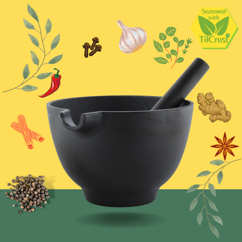 Trilonium Pre-Seasoned Cast Iron Khal batta | Mortar and Pestle - Herb ...