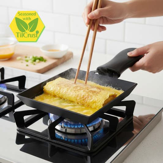Trilonium Triple Seasoned Iron Square Omelette Pan - Japanese Tamagoyaki Egg Pan, 18x15 cm