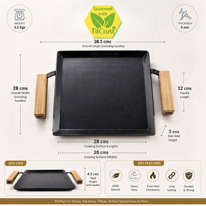 Trilonium Tejas MK2 Triple Seasoned Iron Tawa Square – 28x28 cm, Weighs 3.2 Kgs | Toxin-Free, Lifetime Warranty