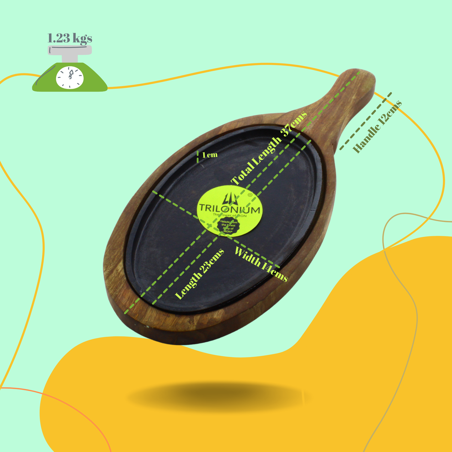 Trilonium Pre-Seasoned Cast Iron Sizzler Plate With Wooden Base | Oval | 1.23 Kgs