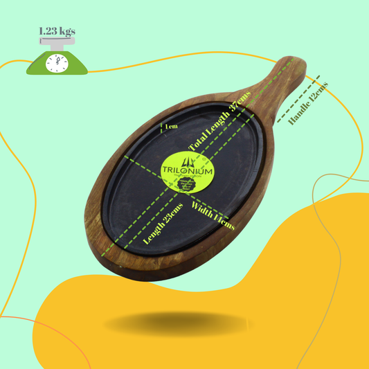 Trilonium Pre-Seasoned Cast Iron Sizzler Plate With Wooden Base | Oval | 1.23 Kgs