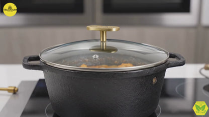 Trilonium Pre-Seasoned Cast Iron Dutch Pot, Casserole, Biryani Pot, Cooking Pot with Glass lid, 24cm, 3.5 Litres, 3.7 Kgs