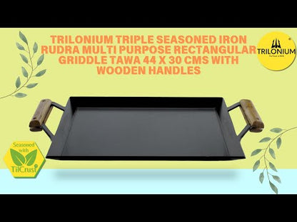 Trilonium Triple Seasoned Iron Rudra Multi Purpose Rectangular Griddle Tawa 44 x 30 cms with Wooden Handles