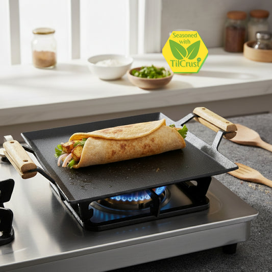 Trilonium Triple Seasoned Iron Rudra Multi Purpose Square Griddle Tawa 30x30 cms with Wooden Handles