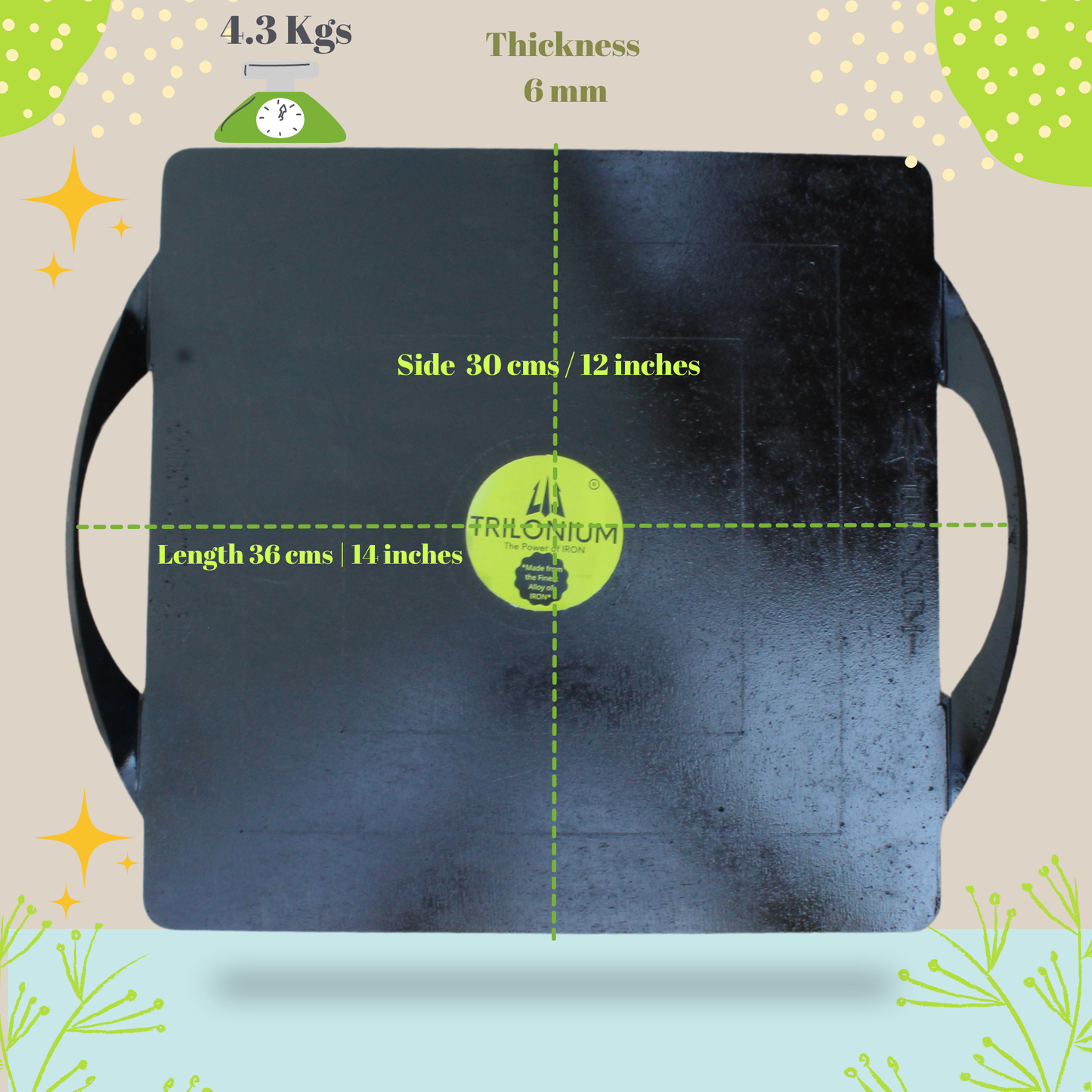 Trilonium Triple-Seasoned Iron Boulder Square Griddle pathri Tawa 12 x 12 inches | 30 x 30 cms , Ultra Smooth, Weights 4.3 Kgs