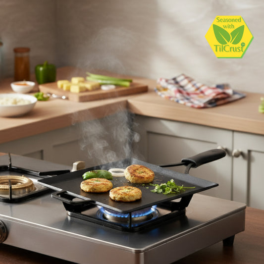 Trilonium Triple Seasoned Iron Multi Purpose Square Griddle Tawa 26x26 cms