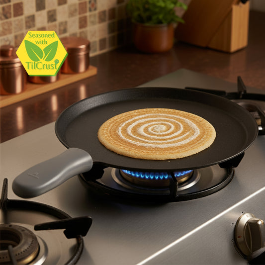 Trilonium Unicorn Triple seasoned Cast Iron Dosa Tawa 29 cms, weighs 2.49 Kgs | Induction Compatible | Free Silicone Sleeve Grip for hot handles and Free Dosa Spatula
