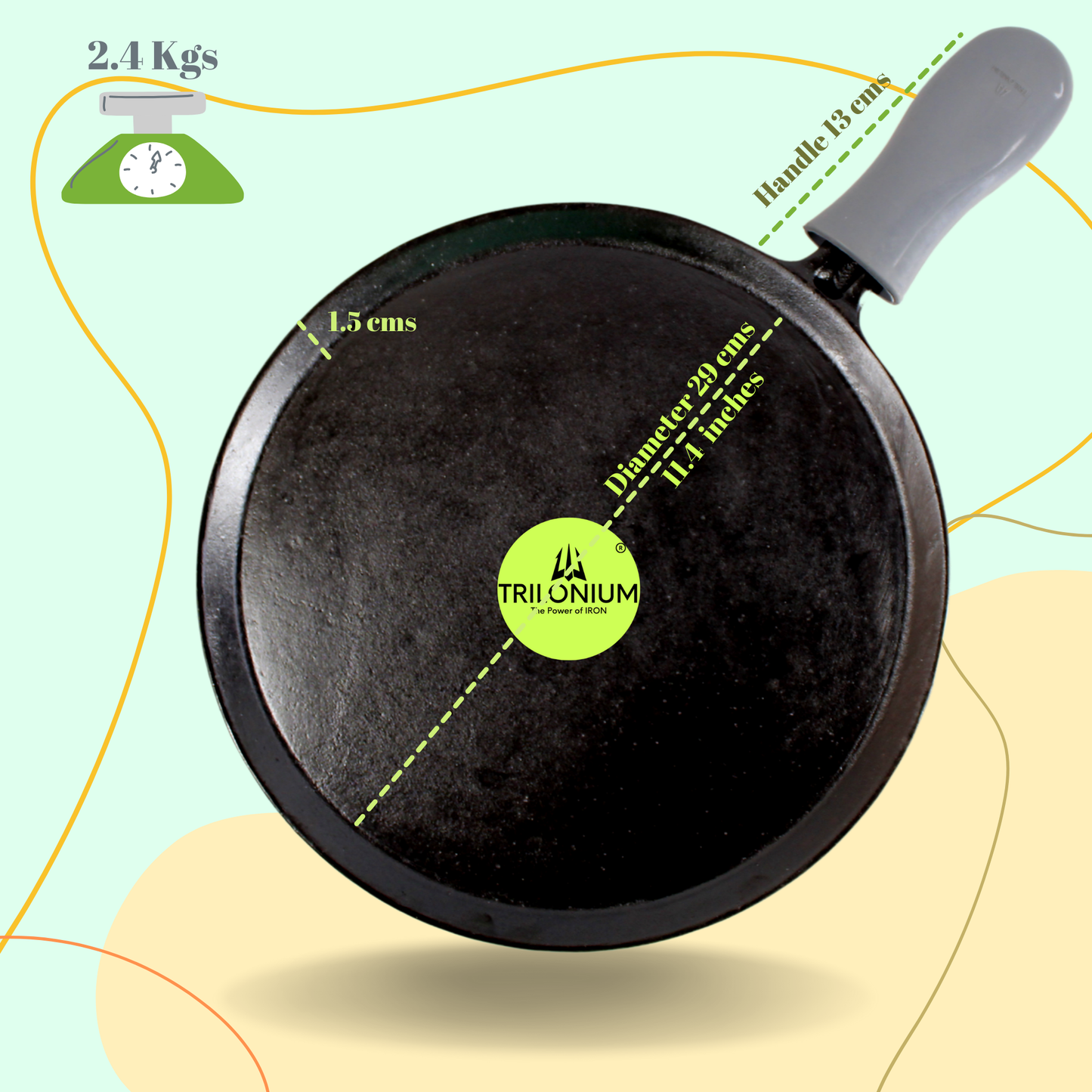 Trilonium Unicorn Triple seasoned Cast Iron Dosa Tawa 29 cms, weighs 2.49 Kgs | Induction Compatible | Free Silicone Heat Proof Sleeve Grip for hot handles and Free Dosa Spatula