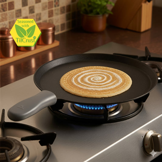Trilonium Unicorn Triple seasoned Cast Iron Dosa Tawa 29 cms, weighs 2.49 Kgs | Induction Compatible | Free Silicone Sleeve Grip for hot handles and Free Dosa Spatula