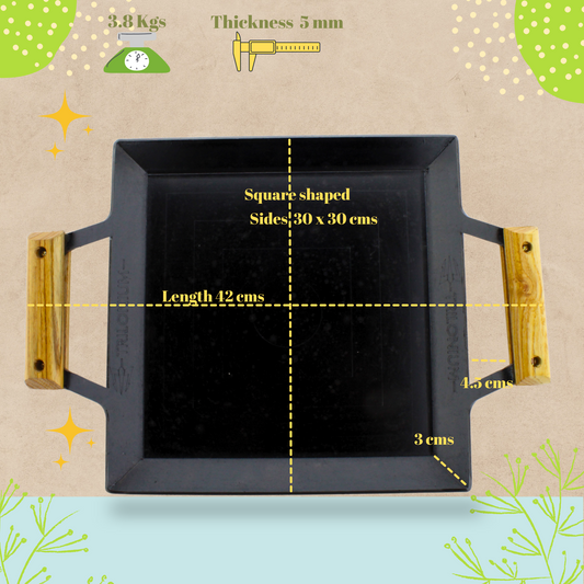 Trilonium Triple Seasoned Iron Rudra Multi Purpose Square Griddle Tawa 30x30 cms with Wooden Handles