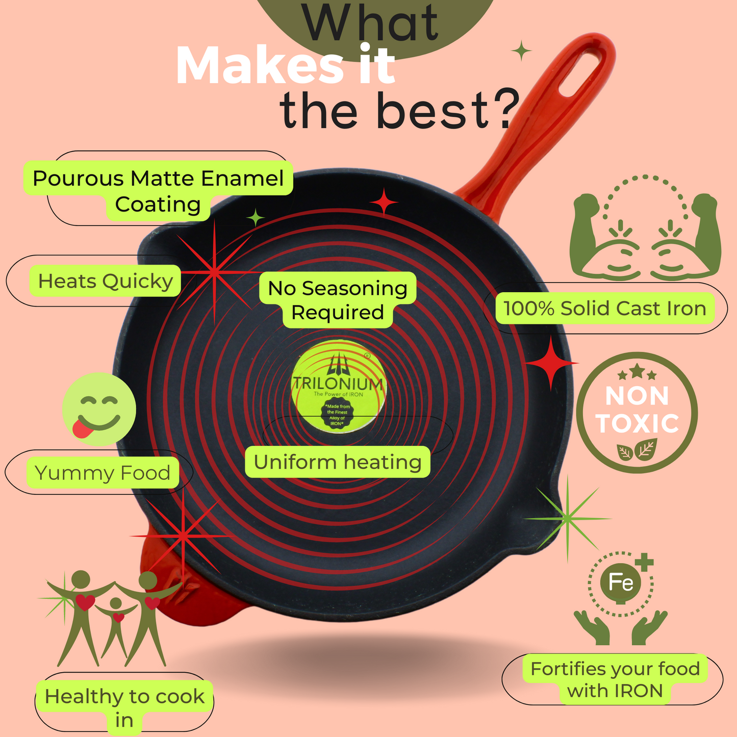 Cast Iron Skillet | Fry Pan | Enameled | 26cm | 2.5 Kgs | Induction Compatible