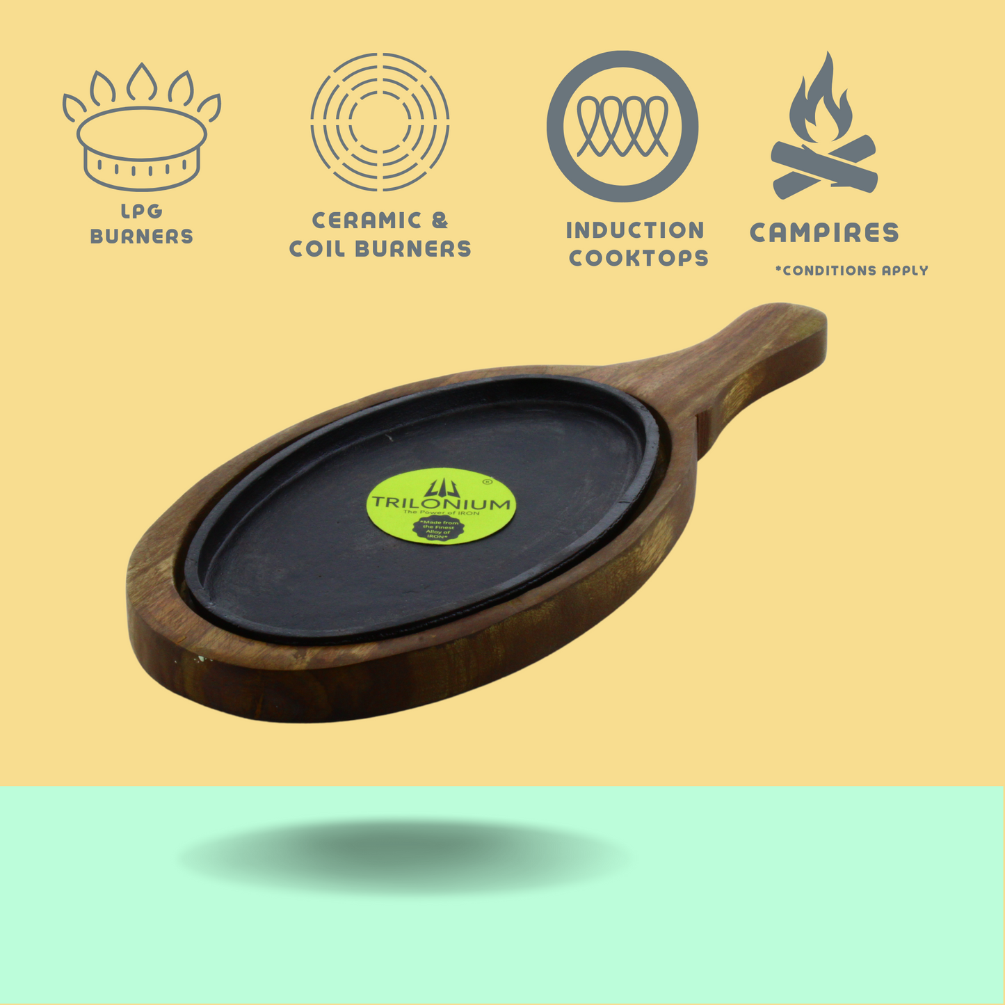Trilonium Pre-Seasoned Cast Iron Sizzler Plate With Wooden Base | Oval | 1.23 Kgs