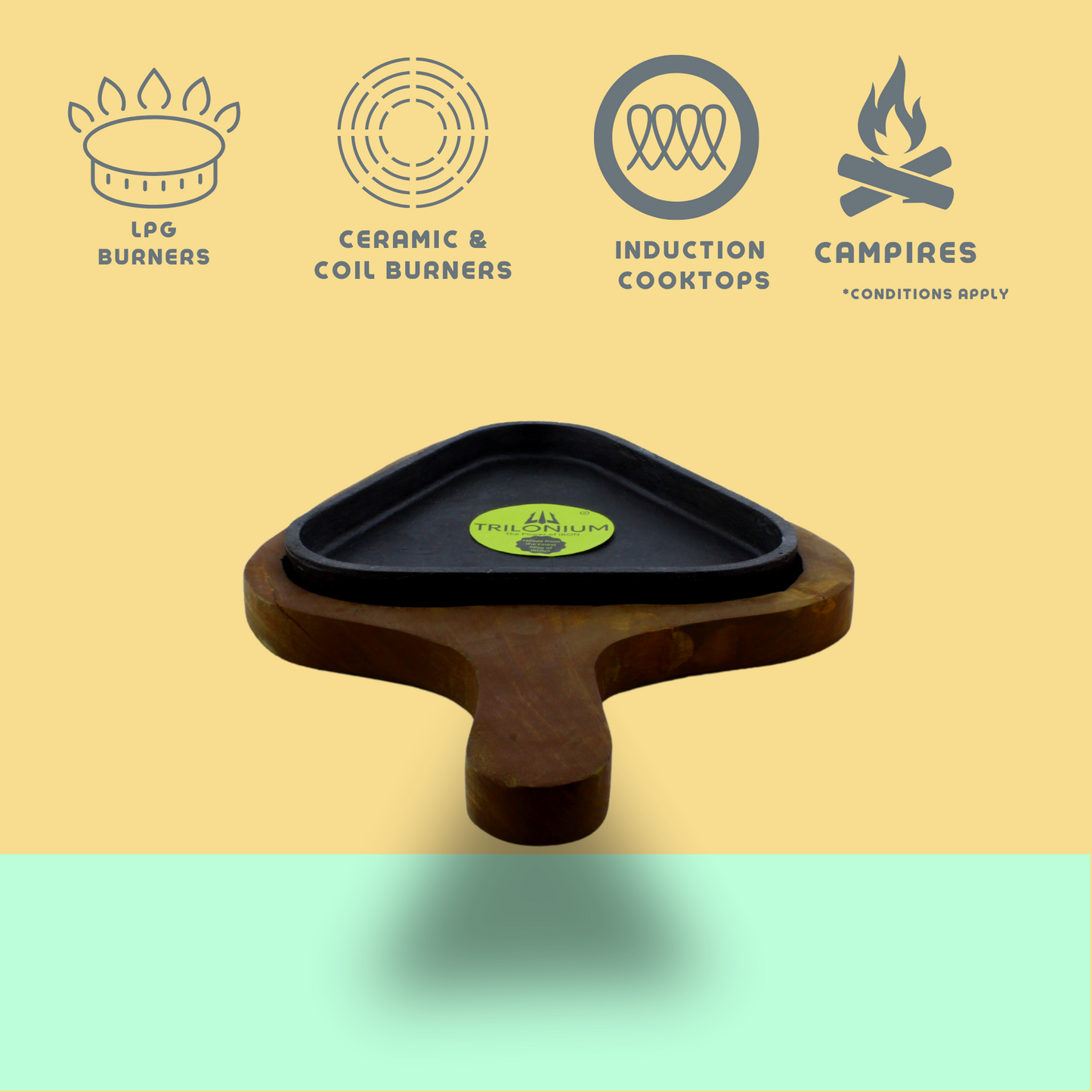 Trilonium Pre-Seasoned Cast Iron Sizzler Plate With Wooden Base | Triangle | 1.54 Kgs
