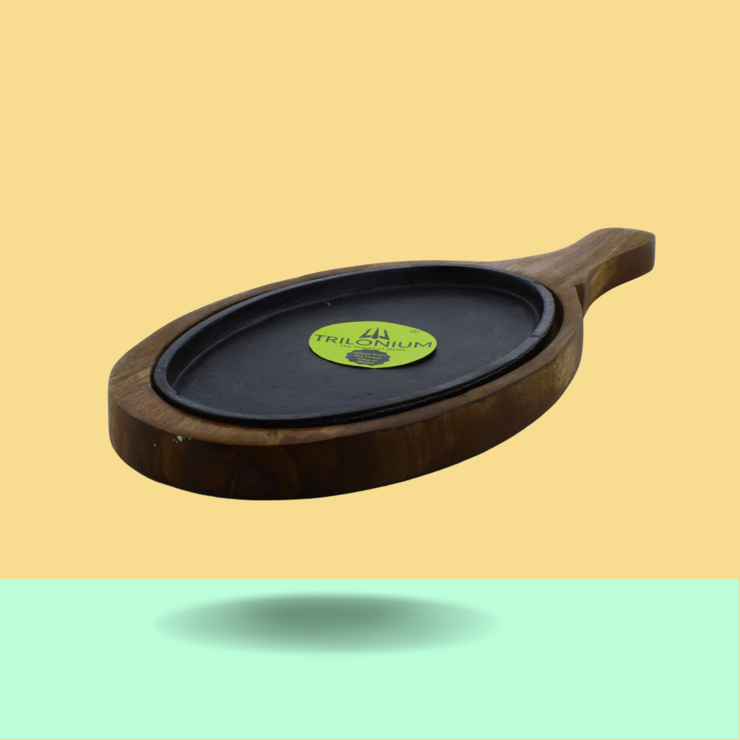 Trilonium Pre-Seasoned Cast Iron Sizzler Plate With Wooden Base | Oval | 1.23 Kgs