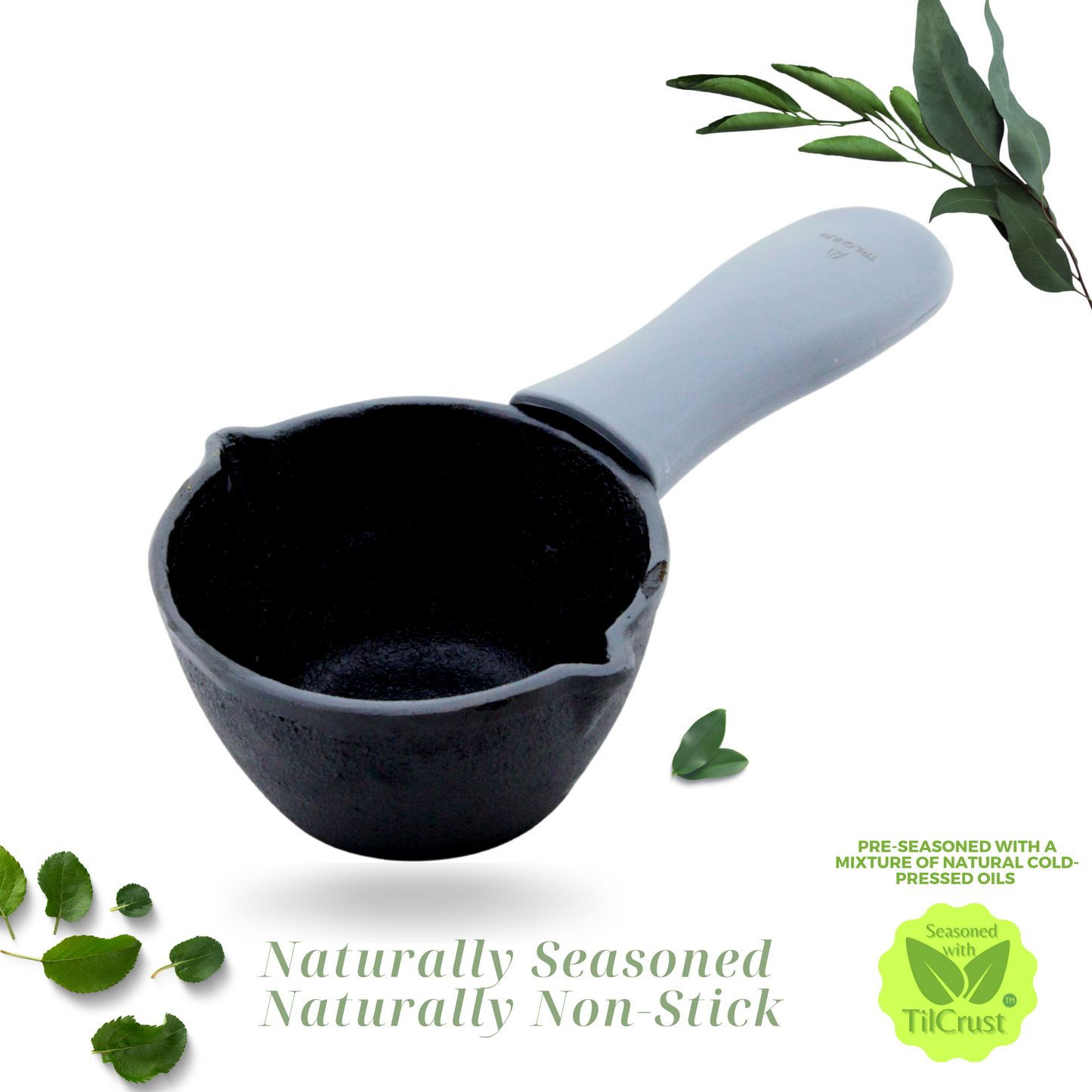 Cast Iron Tadka Pan | Tempering Pan | Pre-Seasoned | Dia 12 cms | Depth 6 cms | Weight 800 gms | With Heat Proof Silicone Sleeve