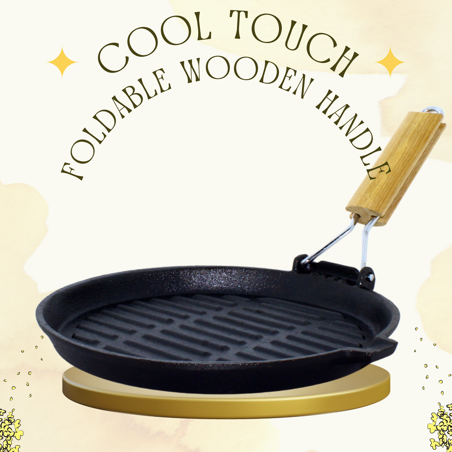 Cast Iron round Grill Pan with Foldable Handle | Pre-Seasoned | 24cm | 1.63 Kgs | Induction Compatible