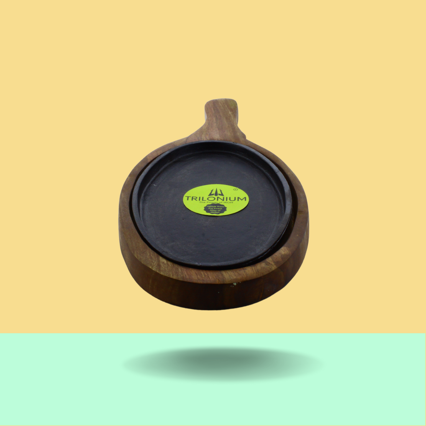 Trilonium Pre-Seasoned Cast Iron Sizzler Plate With Wooden Base | Oval | 1.23 Kgs