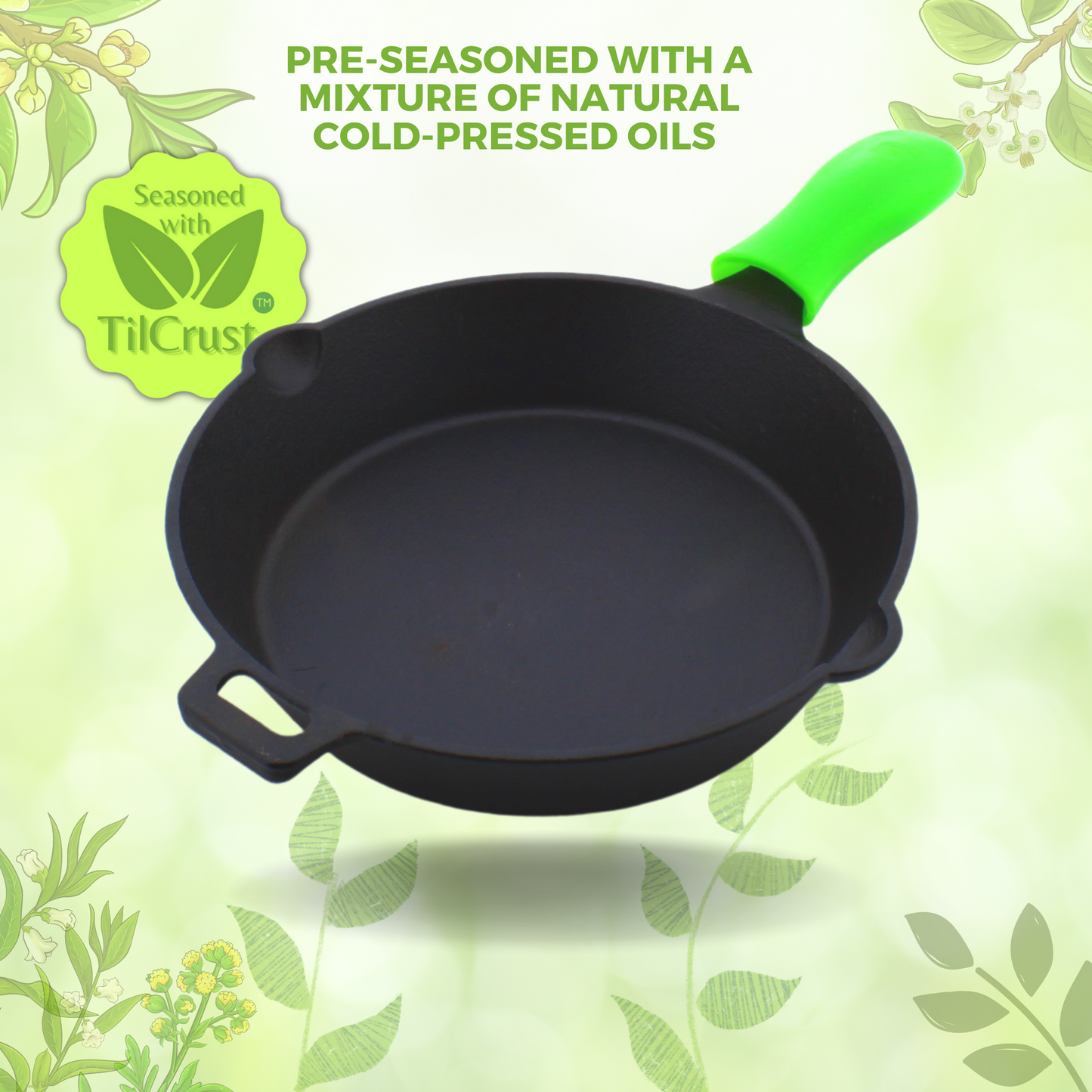 Cast Iron Skillet | Fry Pan | Pre-Seasoned | 10 inches | 2 Kgs | Induction Compatible | Free Silicone Heat Proof Sleeve Grip for hot handles