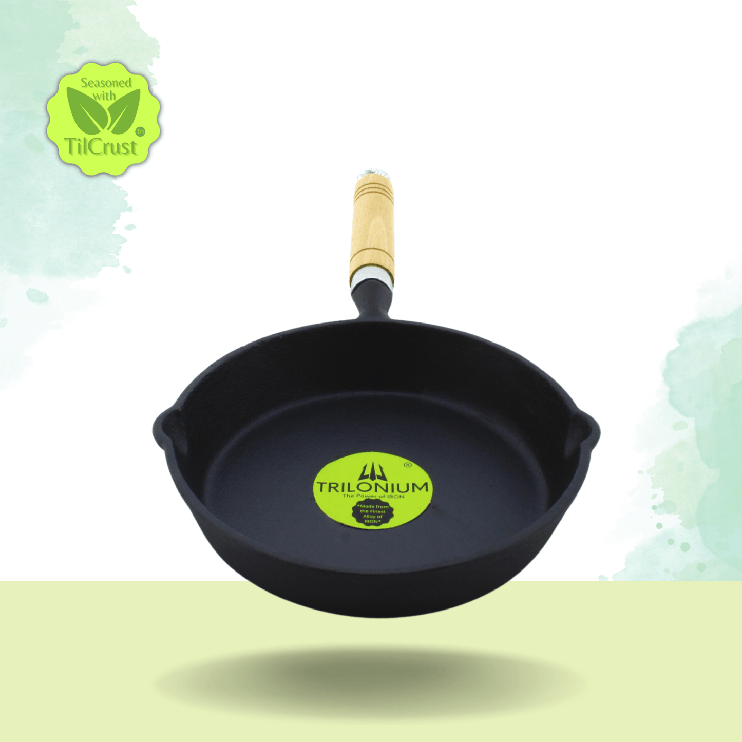 Trilonium Cast Iron Wooden handle Skillet 20 cms | Pre-Seasoned with TilCrust™ | Weighs 1.2 Kgs | Induction Compatible