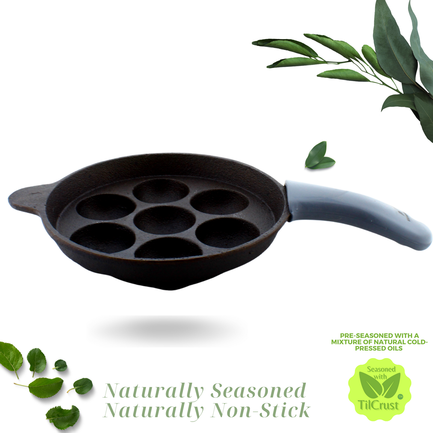 Cast Iron Paniyaram Pan 7 Pits | Pre-Seasoned | 7.6 Inches | 2 Kgs | Long Handle | with Silicone Sleeve | Induction Compatible