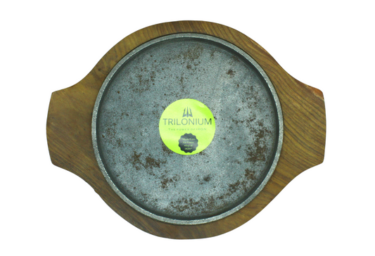 Cast Iron Sizzler Plate With Wooden Base | 8 inches | 1.58 KG TRILONIUM | Cast Iron Cookware